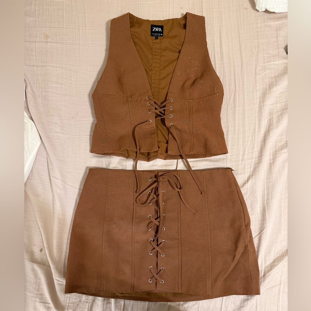 cutest brown linen Zara skirt set